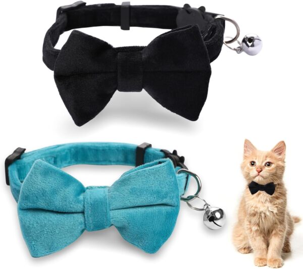 2 Pcs Cat Collar for Boy Cats Velvet Kitten Collar Breakaway Bow Tie Collar Cute Kitten Collars with Bell Adjustable Puppy Cat Collar Personalized Collars for Small Pets