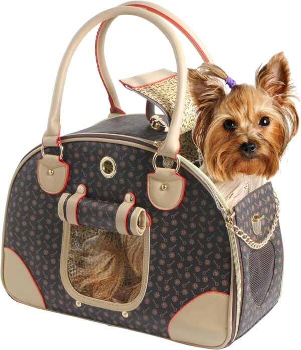 Fashion Dog Carrier PU Leather Dog Handbag Dog Purse Cat Tote Bag Pet Cat Dog Hiking Bag, Brown, Large