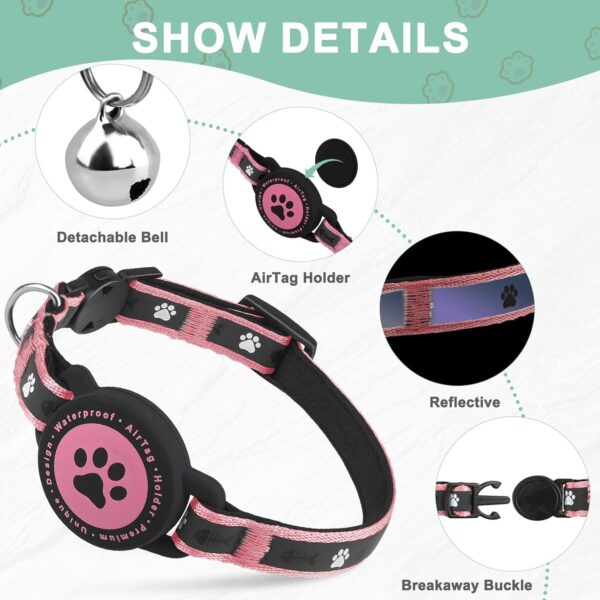 Airtag Cat Collar Breakaway, Reflective Kitten Collar with Air Tag Holder and Bell, Comfortable Padding, Adjustable, Durable, Fits for Girl Boy Cats (Pink,S) - Image 6