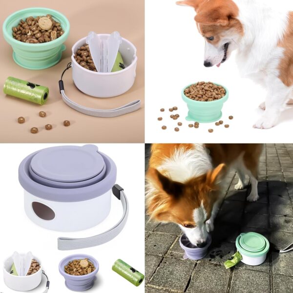 3 in 1 Design Dog Travel Feeding Bowl,Treat Container with Collapse Bowl&Dog Poop Bag Holder,Foldable Feeding Watering Dish for Traveling Camping Walking with 2 Poop Bags 2pc (Blue-Violet——Teal)