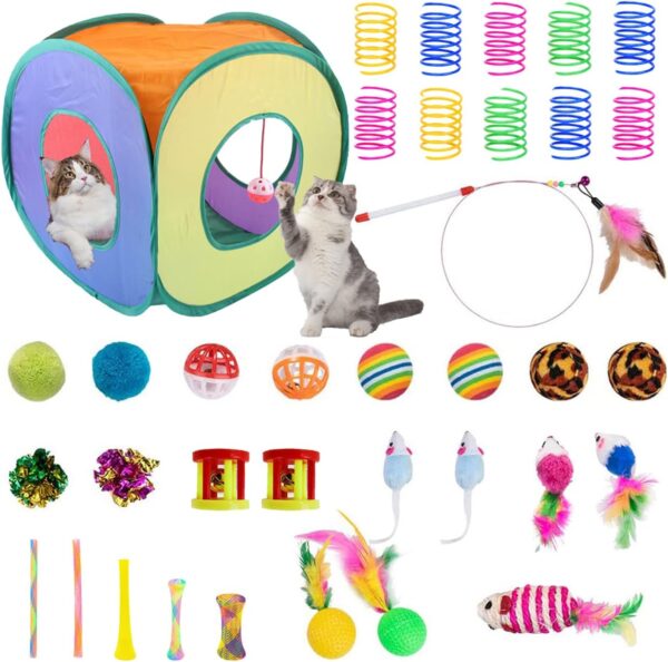 Cat Toys Set 36 PCS, Cat Toys Kitten Toys Interactive Cat Toys for Indoor Cats Collapsible Cat Tunnels Cat Feather Teaser Wand Feather Toy Springs Mouse Crinkle Balls Bell Play for Cat Kitty Kitten