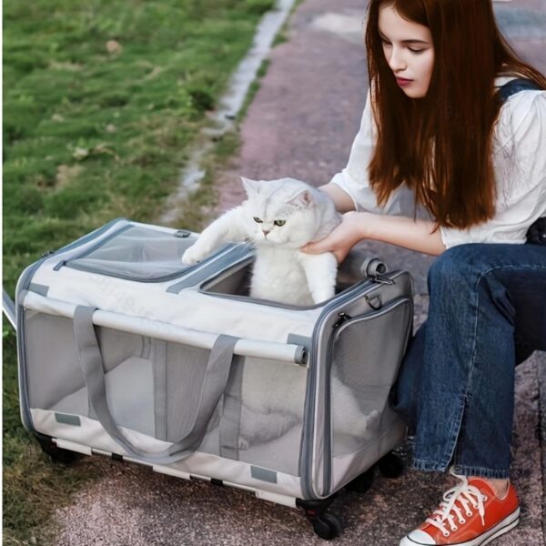 Double Compartment Pet Rolling Cat Carrier with Wheels - Large Capacity Soft-Sided Carriers for Cats and Puppies - Detachable Travel Carrier with Breathable Mesh Windows (Off-White) - Image 8