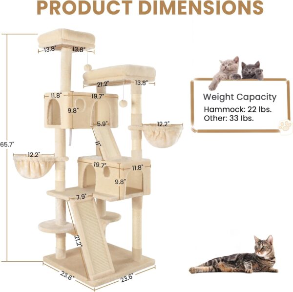 SHA CERLIN 65in Larger Cat Tree Tower Condo for Indoor Cats, Multi-Level Furniture Activity Center with Wide Base/Cozy Plush Cat Perches/Baskets/Sisal Scratching Posts and Hammock/Beige - Image 8