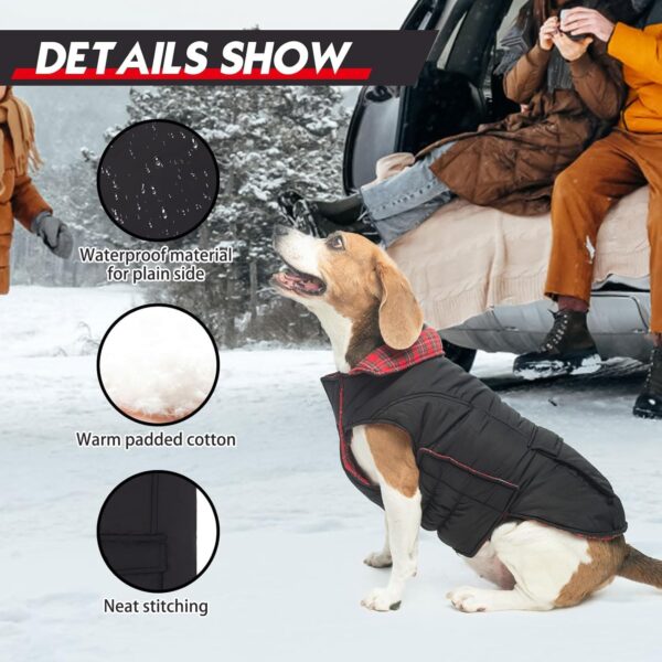 Reversible Dog Winter Coat, Waterproof Dog Jacket Cold Weather Coats British Style Plaid Soft Snow Vest for Small Medium Large Dogs, Black/Red, S - Image 5