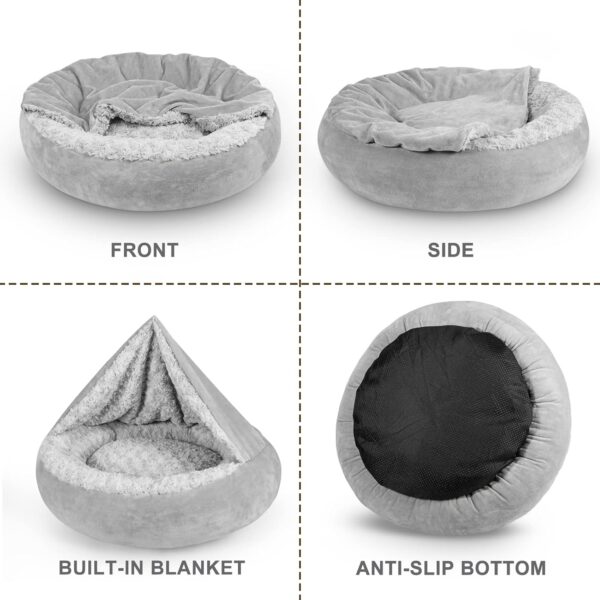 JOEJOY Small Dog Bed Cat Bed with Hooded Blanket, Cozy Cuddler Luxury Puppy Pet Bed, Donut Round Calming Anti-Anxiety Dog Burrow Cave Bed - Anti-Slip Bottom and Machine Washable 23 inch - Image 5