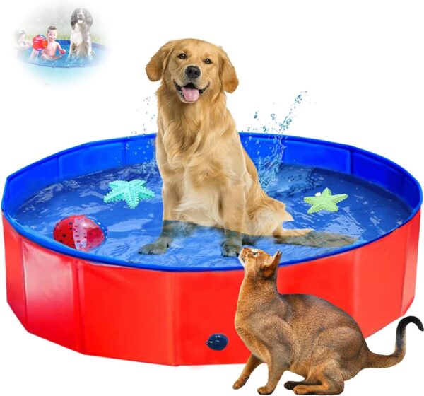 Foldable Dog Pool, Cat Pool, Pet Pool, Foldable Dog Pet Bath Pool Collapsible Dog Pet Pool Bathing Tub Kiddie Pool Doggie Wading Pool for Puppy Small Medium Large Dogs Cats (Red, S)