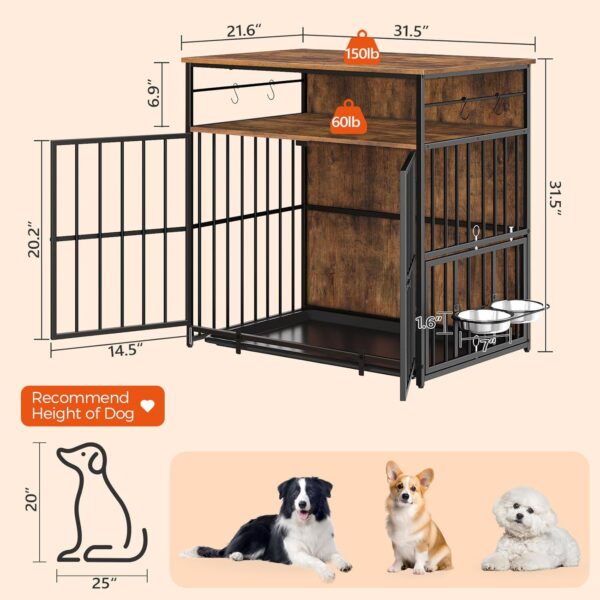 Dog Crate Furniture with Storage, 31.5" Heavy Duty Dog Kennel with Bowls & Removable Tray, Wooden Dog Cage End Table for Small/Medium Dogs, Chew-Resistant, Rustic Brown DCHR10801 - Image 3