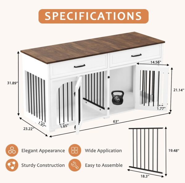 EBE Dog Crate Furniture, 63''Wooden Dog Kennel with 2 Drawers and Removable Divider, Heavy Duty Dog Crate Indoor Furniture with Double Rooms, Dog Crate Table Indoor TV Stand for Small Medium Dog - Image 2