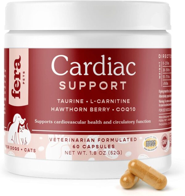 Fera Pets Cardiac Supplement for Dogs & Cats – 60 Capsules​ – Vet Created -Cardiovascular Function & Strength-Taurine, CoQ10, Organic Hawthorne Berry