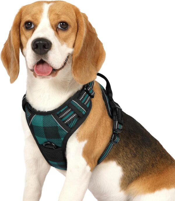 rabbitgoo Dog Harness Medium Sized Dog No Pull, Comfortable Padded Plaid Dog Harness with Handle Easy Control, Adjustable Reflective Puppy Pet Harness Vest with 2 Leash Clips, Green Plaid, M