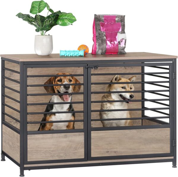 Dog Crate Furniture, Melos Wooden Heavy Duty Dog Cage Side End Table, Indoor Dog Kennel, Decorative Style Steel Tube Structure Pet Crate House for Large/Medium/Small Dog,Light Oak