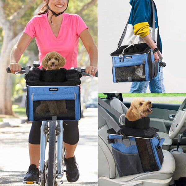 Dog Bike Basket, Soft-Sided Pet Bike Carrier with 4 Mesh Windows for Small Dog Cat Puppies - Blue - Image 6