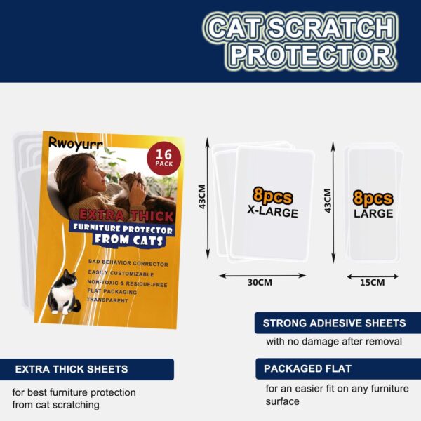 Anti Cat Scratch Furniture Protectors, 16 Pack Single Side Thick Couch Sofa Protector from Cats Claws, Self-Adhesive Cat Tape Clear Cat Scratch Scratching Deterrent Guard Shield for Furniture - Image 5