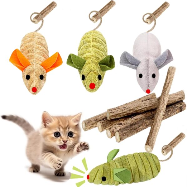 9Pcs Cat Toys, 3X Squeak Mice Catnip Toys for Indoor Cat + 6X Silvervine Chew Stick Dental Chirping Mouse Plush Kitten Stuffed Toy Cleaning Teeth Matatabi Bite Interactive Cat Gifts Kitty Toy