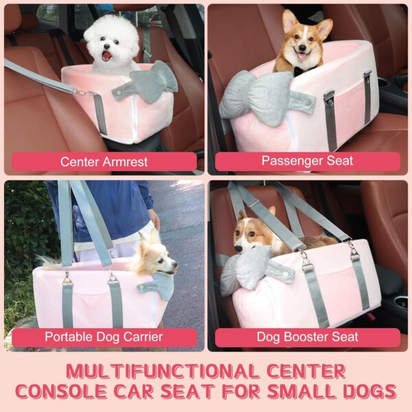 Center Console Dog Car Seat for Small Dogs Under 12lbs, Portable Middle Console Dog Booster Seat, Detachable Armrest Puppy Seat with Storage Pockets, Butterfly Pillow and Safety Leash(Pink) - Image 6