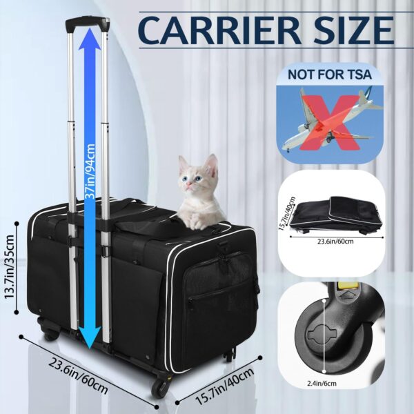 Double Cat Carrier with Wheels for Large Cat or Medium Dog, 23.6"x 15.7"x 13.7" Rolling Pet Carrier for 2 Small Pets, Removable Wheels Dog Carrier with 2 Compartment for Traveling (Dark Black) - Image 2