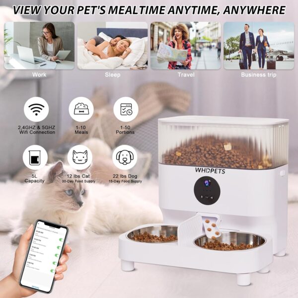 Automatic Cat Feeders, WHDPETS 5G WiFi Cat Food Dispenser with 1080P Camera for 2 Cats & Dogs, 5L Pet Feeder with Feeding Mat, APP Control, 2-Way Audio,Dual Power Supply - Image 5