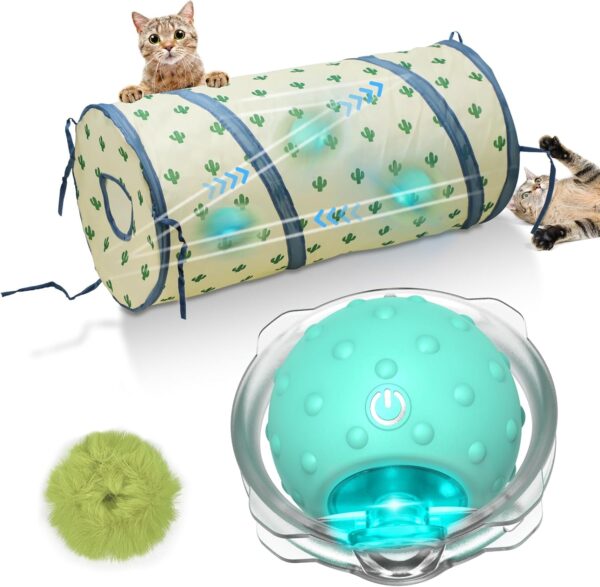 Interactive Cat Toys Ball for Indoor Cats Fast Rolling in Tunnel, Motion Activate Cat Toy with Chirping, Hide and Seek Mouse Catching Toy (Green)