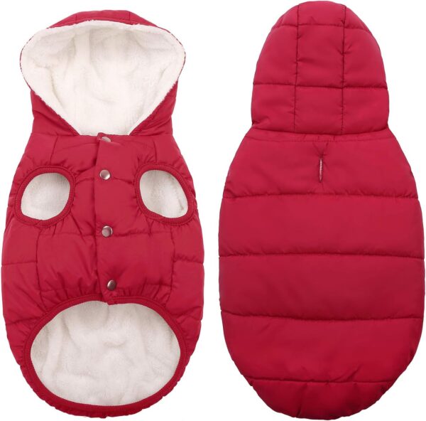 Dog Fleece Hoodie, Windproof Waterproof Dog Coat Fleece & Cotton Lined Warm Dog Jacket, Cold Weather Pet Apparel Clothes Vest for Small Medium Large Dog (L: Length 15", Chest 17.3"-20", Red) - Image 2