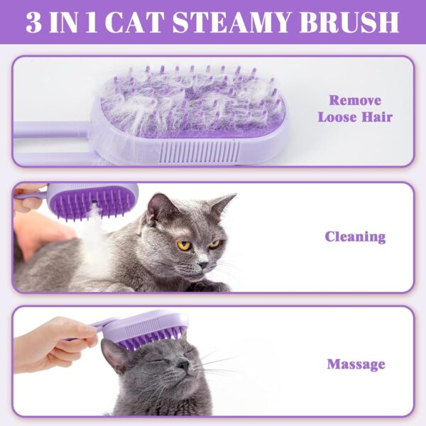 2 Pcs Cat Steam Brush Set-3 in 1 Steamy Cat Brush with Swivel Handle, Rechargeable Steamy Pet Brush Cat Grooming Brush, Spray Cat Steamer Brush for Massage, Pet Hair Removal Comb(White/Purple) - Image 6