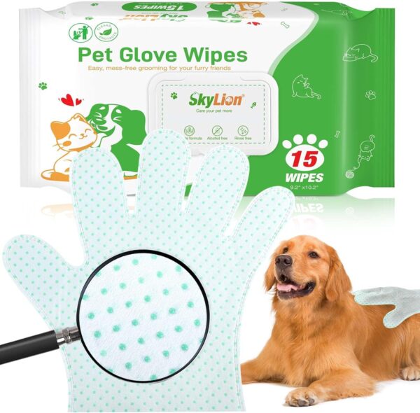 15 Count Dog Wipes Plant Oil Grooming Gloves Bath Wipes Waterless Cat Shampoo Pets Wipes for Paws, Butt, Face and Fur