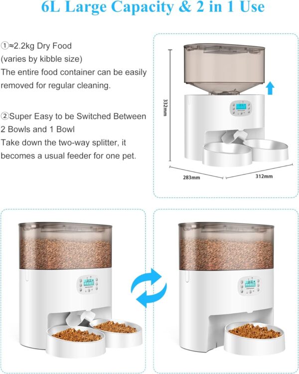 Automatic Cat Feeder, HoneyGuaridan 6L Pet Feeder for 2 Cats & Dogs, Auto Cat Dry Food Dispenser with Desiccant Bag, Timer Feeder Portion Control 1-6 Meals per Day, Dual Power Supply, Voice Recorder - Image 3