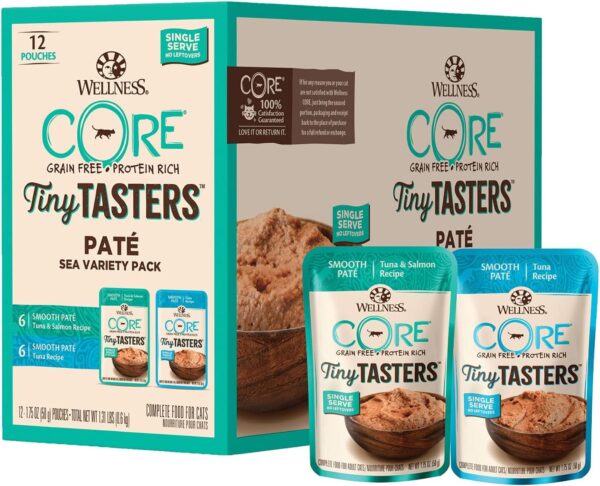 Wellness CORE Tiny Tasters Wet Cat Food Topper, Grain Free, Complete & Balanced Nutrition Made with Real Meat, No-Mess Pouches, 12 Pack (Adult Cat, Seafood Variety Pack)