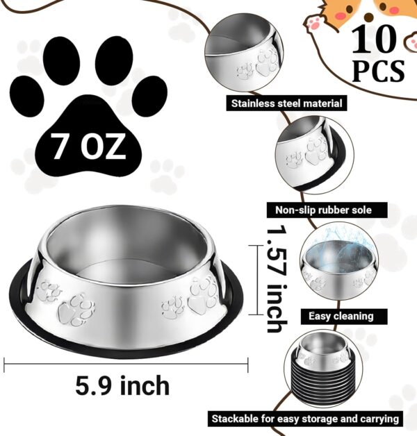 10 Pcs Stainless Steel Dog Bowl Pet Feeding Bowl with Rubber Base Non-Slip Pet Dishes Metal Dog Bowls Pet Food and Water Bowls for Small Medium Animals Kitten Rabbit (7 oz) - Image 2