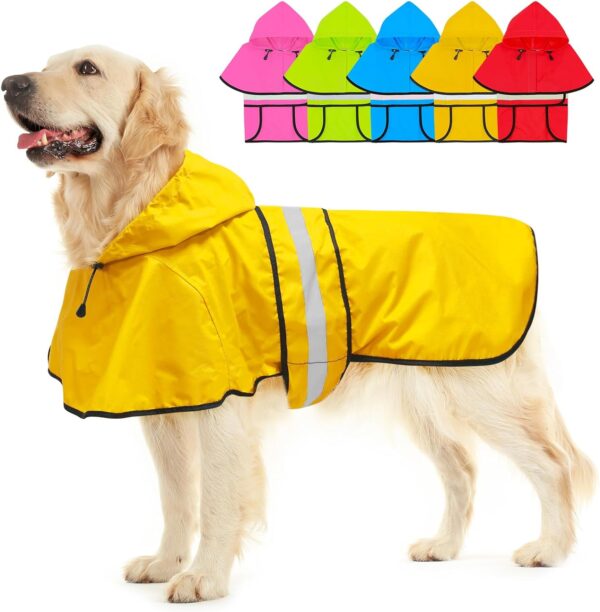 Dog Raincoat - Reflective Dog Rain Coat, Waterproof Dog Jacket, Adjustable Dog Rain Jacket with Hoodie, Lightweight Dog Poncho Slicker for Small Medium Large Dogs (Large, Yellow)