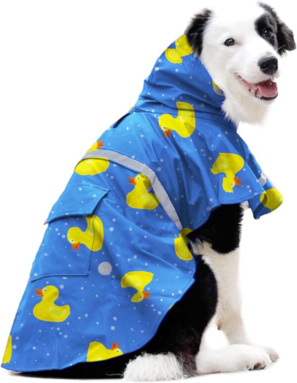 DELIFUR Large Dog Raincoat- Waterproof Dog Rain Poncho Adjustable Double Layer Rain Jacket with Hood for Medium Large Dogs Designed with Leash Hole Reflective Strip and Ducks (Blue Duck, Medium)