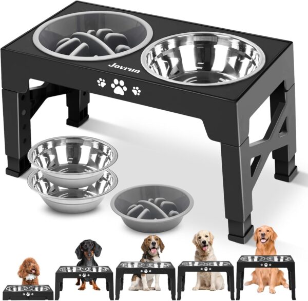 Elevated Dog Bowls, Dog Feeder with 2 Stainless Steel Bowls &1 Slow Feeder Dog Bowls, 5 Heights Adjustable Raised Dog Bowls Stand for Medium Large Dogs, Dog Food Bowls with Non-Slip Feet