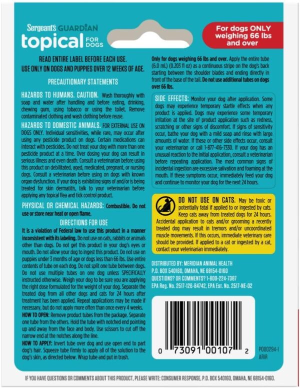 Sergeant's Guardian Flea & Tick Squeeze On Topical for Dogs, 66+ lbs., 3 Count - Image 3