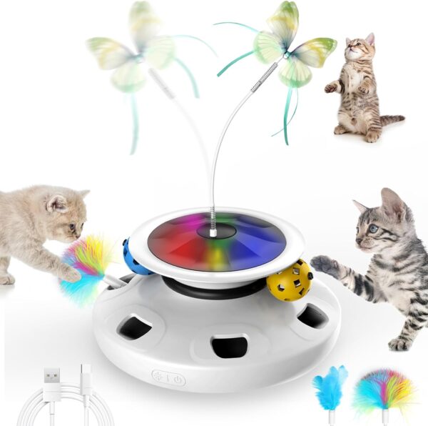 4 in 1 Cat Toys Rechargeable with 2000mAh Battery, Interactive Cat Toys for Indoor Cats, Track Balls Kitten Toy, Fluttering Butterfly, Electronic Whack a Mole for All Breeds