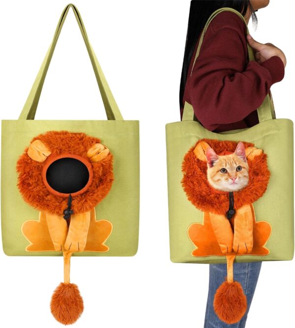 Cunno Pet Canvas Shoulder Bag Lion Shaped Cute Cat Carrier Portable Pet Canvas Shoulder Carrying Bag Chest Cat Bag Outdoor Dog Tote Bag Travel Handbag for Small Cat Dog Animal Supplies (Green)