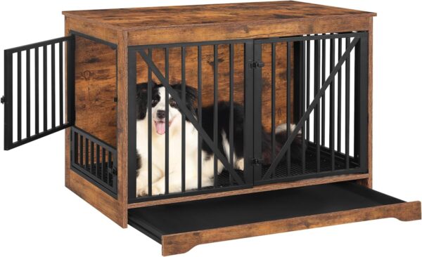 38.6" Dog Crate Furniture, Heavy Duty Dog Kennel Furniture with Adjustable Doors & Tray, Wood Dog Crate End Side Table for Small Medium Large Dog, Anti-Chew Anti-Escape, Rustic Brown