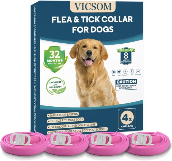 VISCOM 4 Pack Flea Collar for Dogs, Flea and Tick Collar for Dogs, 32 Months Flea and Tick Prevention for Dogs, Dog Flea and Tick Treatment, Water-Resistant & Adjustable Dog Flea Collar - Pink