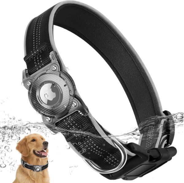 ONEONTA Airtag Dog Collar | Waterproof Airtag Dog Collar Holder with Removable Metal Loop - Airtag Collar Heavy Duty, Reflective, Ultra-Durable, Comfortable Padded, for Small Medium Large Dog, Black L