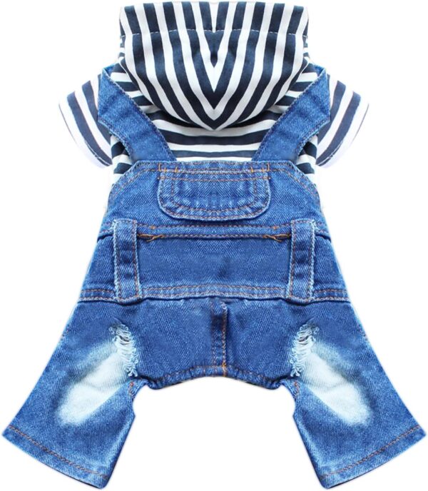 Small Dog Hoodie Clothes Cute Stripe Shirts Denim Jumpsuit One-Piece Outfit for Small Medium Dogs Cats Boy Girl Chihuahua Blue Jeans Overalls Puppy Costume (Blue,XS)