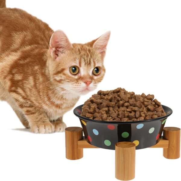 Black Elevated Ceramic Cat Food Bowl - Raised Breed Dish with Wooden Stand for Indoor Cats, Small Puppy, and Rabbit, Cute Feeding & Watering Lifted Tray, Small Size Dog Feed Water Holder - Image 5