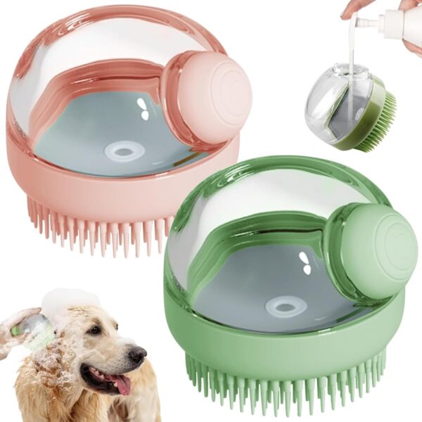 Dog Bath Scrubber Brush, 2 PCS Pet Dog Grooming Massage Shampoo Bath Brush with Soap and Shampoo Dispenser Soft Silicone Bristle for Long Short Haired Dogs Cats Shower