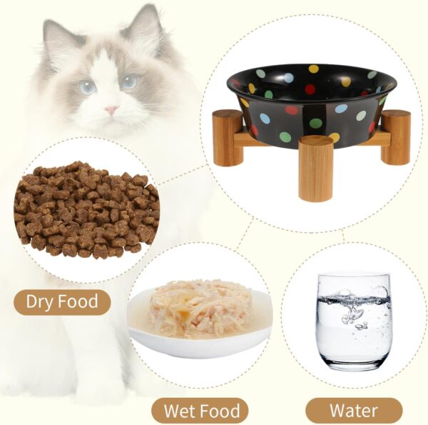 Black Elevated Ceramic Cat Food Bowl - Raised Breed Dish with Wooden Stand for Indoor Cats, Small Puppy, and Rabbit, Cute Feeding & Watering Lifted Tray, Small Size Dog Feed Water Holder