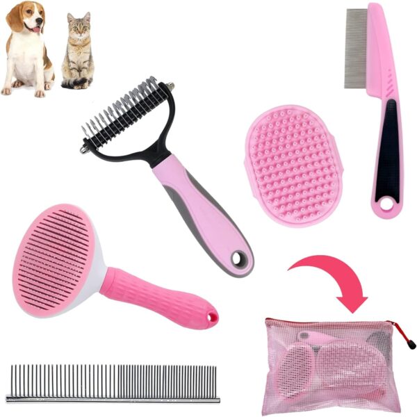 Dog Brush for Grooming Kit 5PCS - Deshedding Dog Brush for Short Hair Dogs, Dog Hair Brush for Grooming Small Dogs,Puppy Brush and Slicker Brush for Dogs, Flea Comb and Dog Comb Set Pink