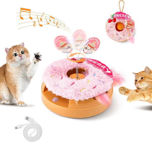 Migipaws Interactive Cat Toys, Automatic Frenzy Donut cat Toy with Moving Feather,Catnip, Squeaking for Indoor Cats Rechargeable (Cherry)…