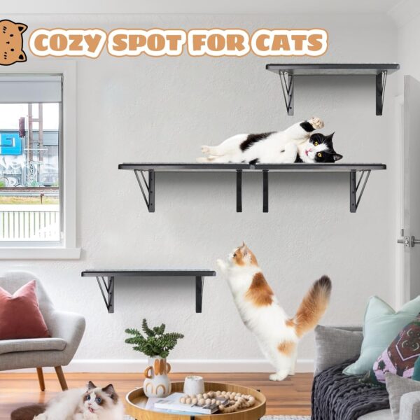 Cat Wall Shelves Set of 2, Wood Cat Shelves for Wall, Cat Wall Bed Hammock with Scratching Pad, Cat Climbing Shelf for Sleeping Playing, Cat Window Perch for Large Cats, Black Cat Furniture for Indoor - Image 4