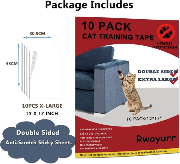 Cat Scratch Protector, 10 Pack 17"X12" Double Sided Couch Protectors for Cats, Extra Large Anti Scratch Scratching Furniture Sofa Deterrent Guard Shield Clear Sticky Cat Training Tape - Image 2