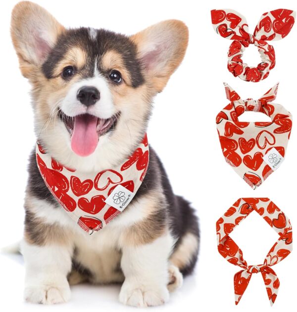 E-Clover Mothers Day Dog Bandana & Matching Scrunchie Set Girl Heart Dog Scarf Bibs with Hair Tie Headbands for Small Puppy Dogs Owner Mom Gift Outfit Red