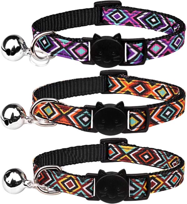 3 PCS Cat Collars with Bell Breakaway Geometric Pattern Adjustable Safety Kitten Collars for Kitty Collars（S）