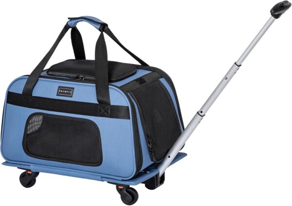 Petsfit Pet Carrier with Wheels, Rolling Dog Carrier for Small Dogs or 2 Small Cats, Airline Approved Dog Carrier with Telescopic Handle Perfect for Travelling Under 20lb,Blue