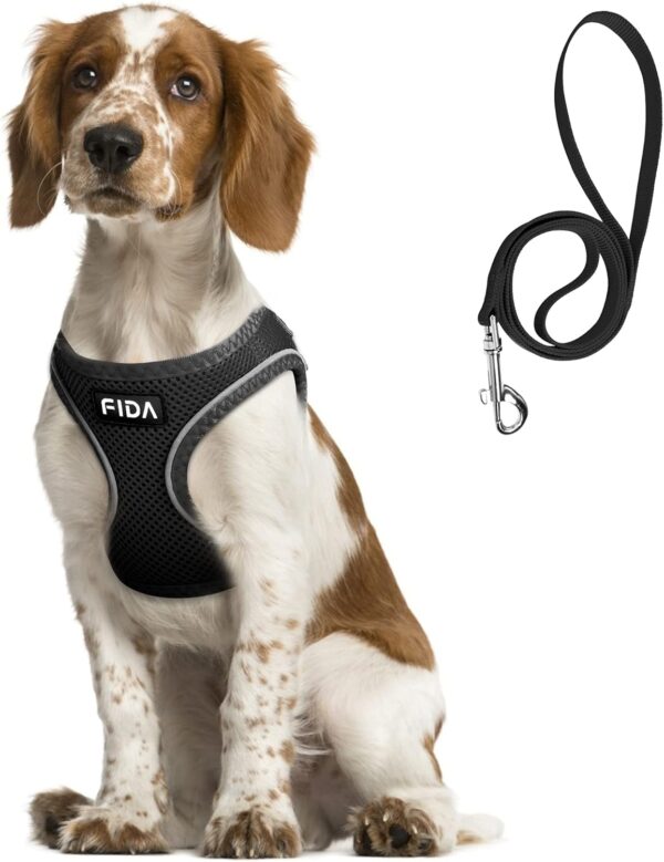 Fida Comfy Dog Harness with Leash, Soft Puppy Vest Escape Proof, Breathable Lightweight Soft Mesh, Adjustable Reflective Step-in Harness for Small & Medium Pet Walking (L, Black)