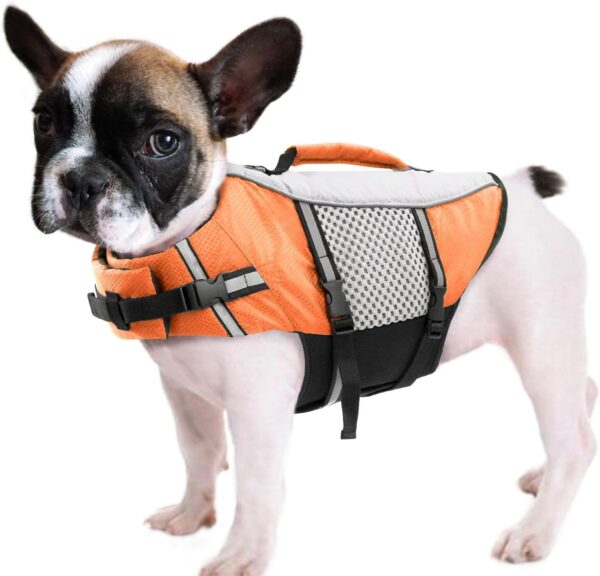 Dog Life Jacket Swimming Vest Lightweight High Reflective Pet Lifesaver with Lift Handle, Leash Ring Orange,L